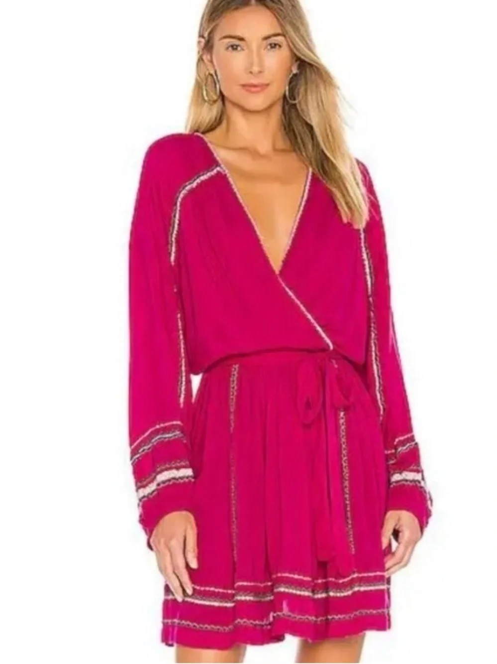 Free People Mini Dress in Fuchsia with Embroidered Trim